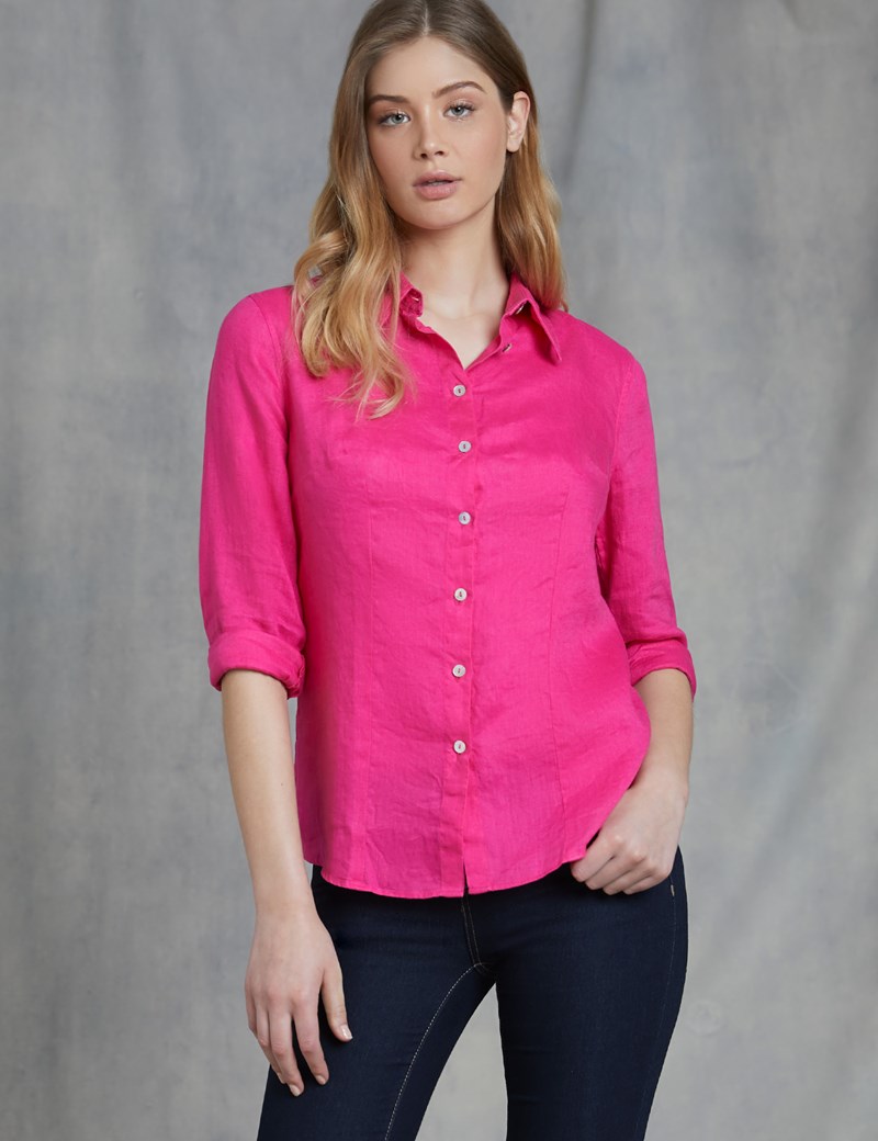 Women's Fuchsia Relaxed Fit Linen Shirt | Hawes and Curtis