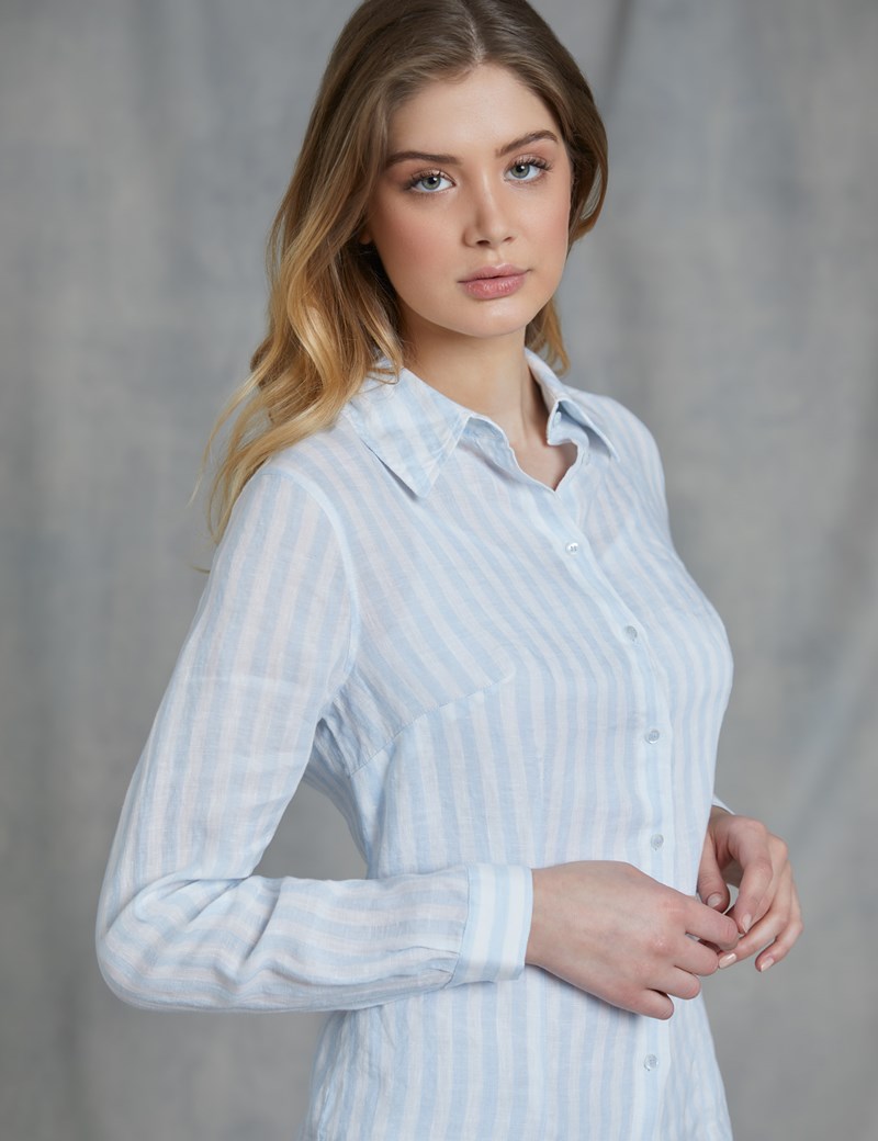 Women's Blue & White Stripe Relaxed Fit Linen Shirt Hawes and Curtis