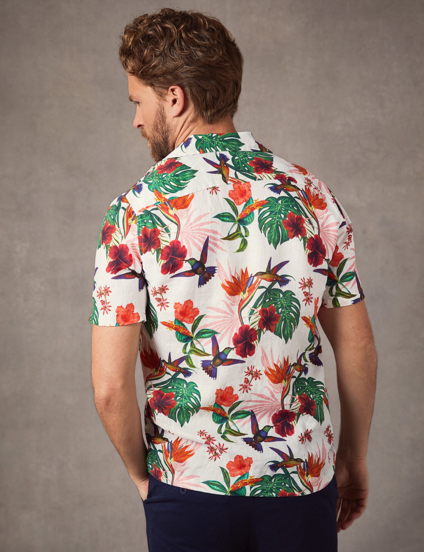 Men's Curtis Green & Orange Tropical Print Linen Relaxed Fit Shirt ...