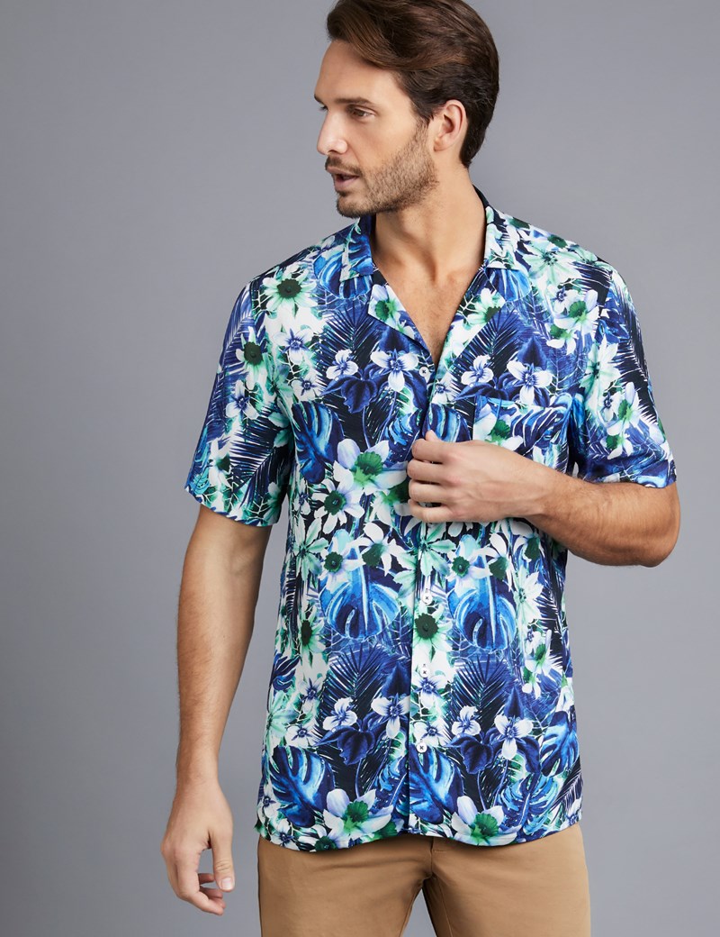 Men's Curtis Blue & Turquoise Hawaiian Floral Print Relaxed Fit Shirt ...