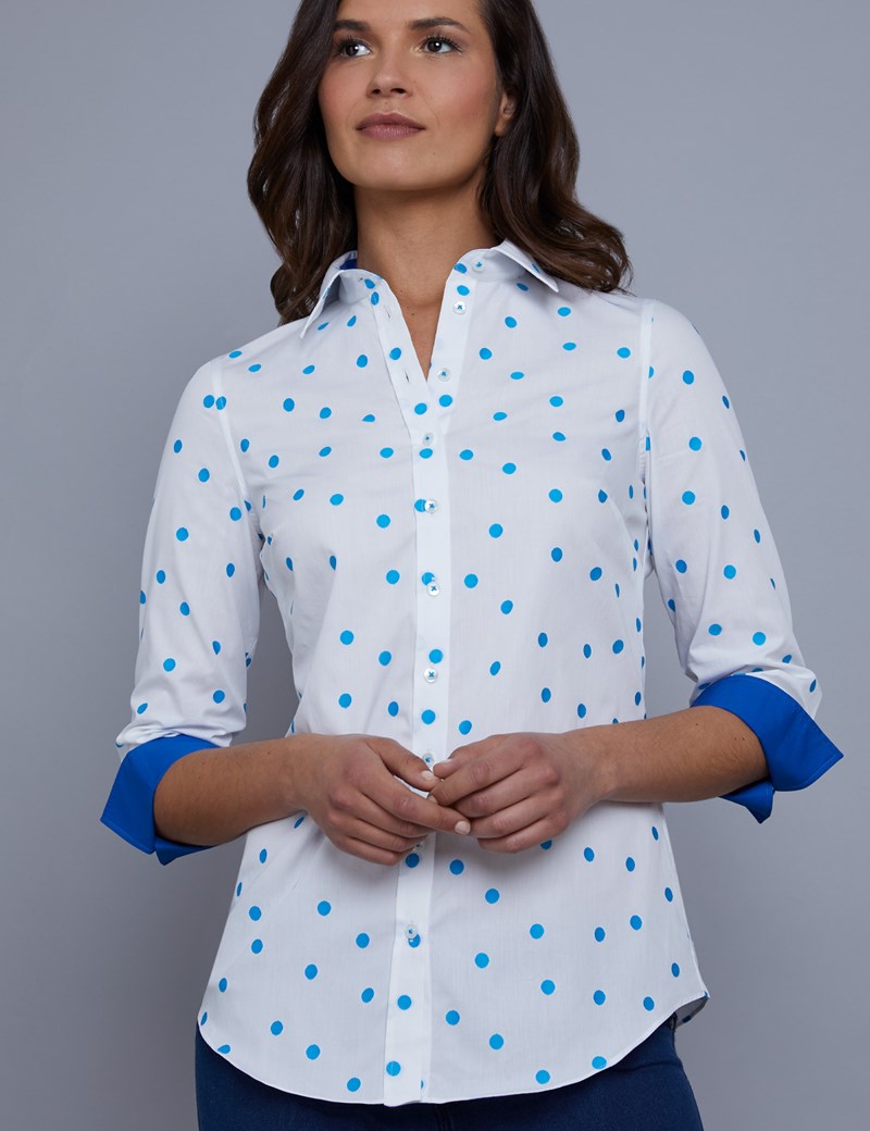 Womens White And Blue Spot Semi Fitted 3 Quarter Sleeve Shirt Hawes And Curtis 2447