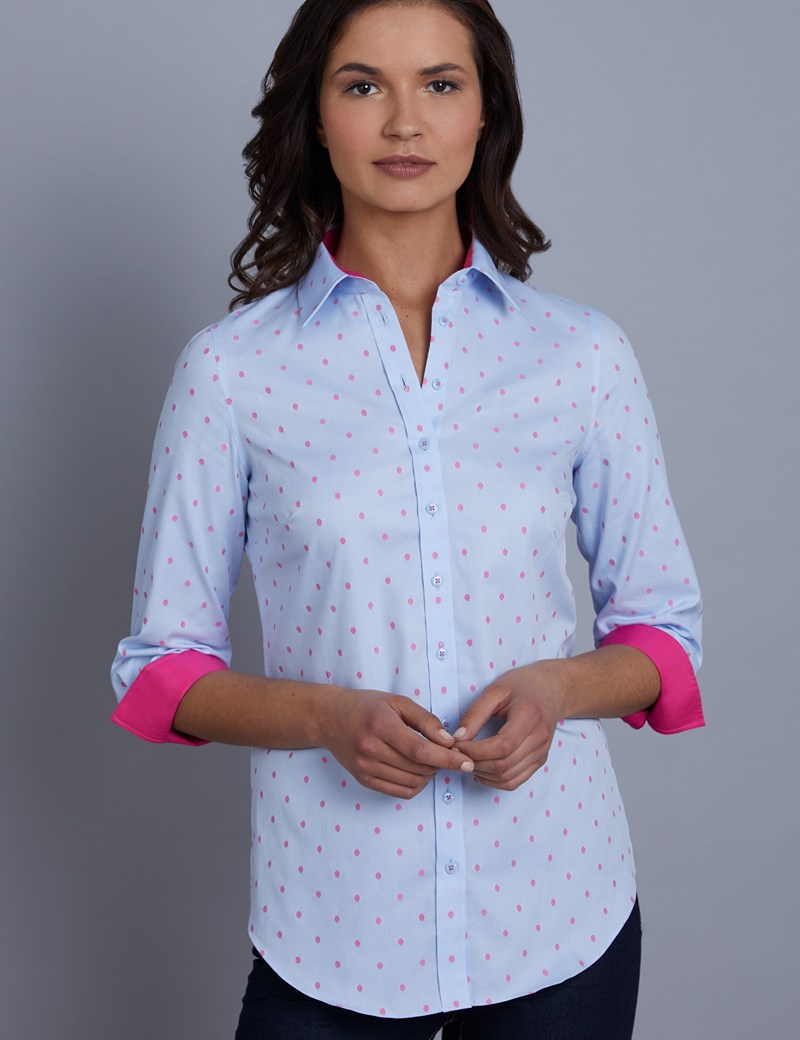 Women's Blue & Pink Dobby Spot Semi Fitted 3 Quarter Sleeve Shirt ...