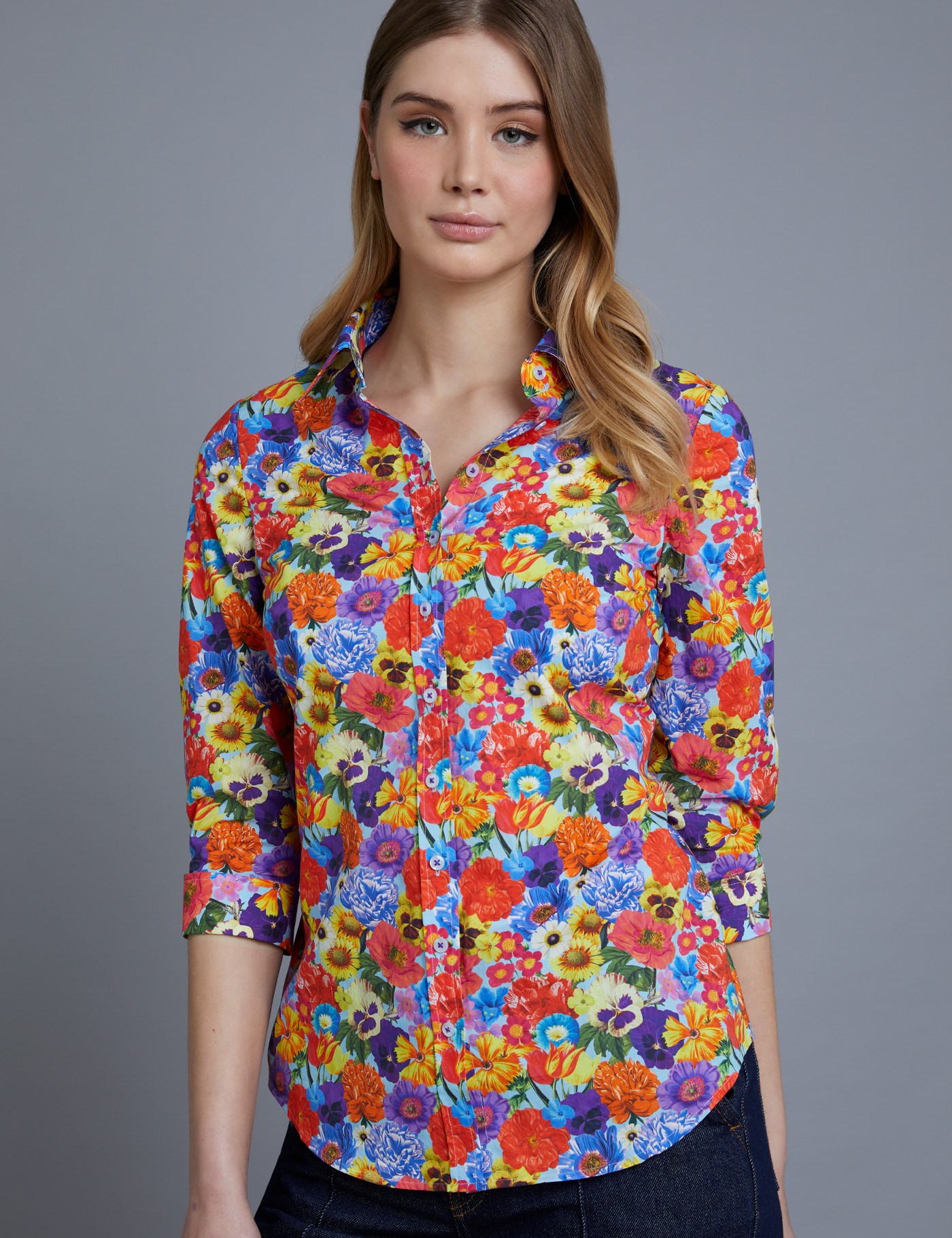 Women's Blue Bright Floral Semi Fitted 3 Quarter Sleeve Shirt | Hawes ...