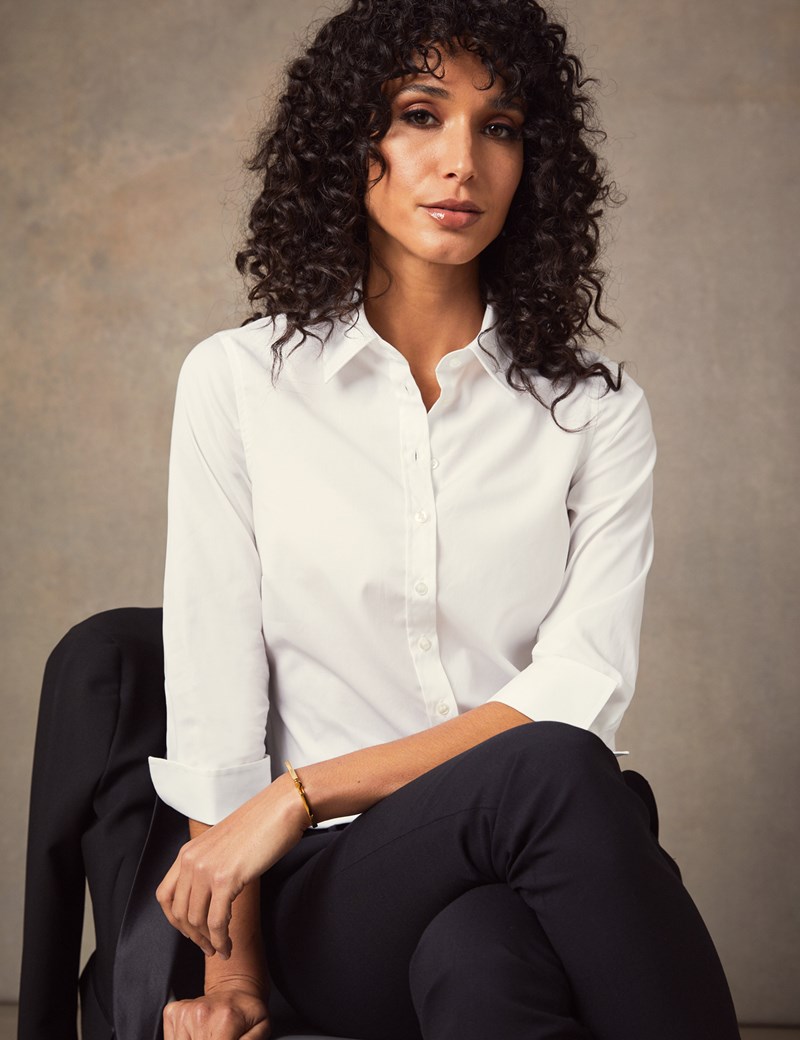 Women's White Semi Fitted Three Quarter Sleeve Shirt Hawes & Curtis