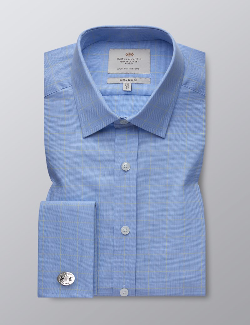 Men's Blue & Yellow Prince of Wales Check Extra Slim Fit Business Shirt - Double Cuff - Easy Iron