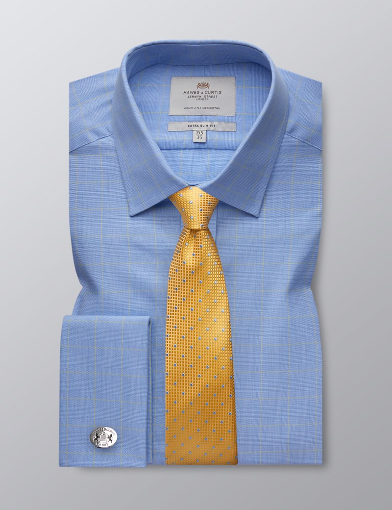 Men's Blue & Yellow Prince of Wales Check Extra Slim Fit Business Shirt - Double Cuff - Easy Iron