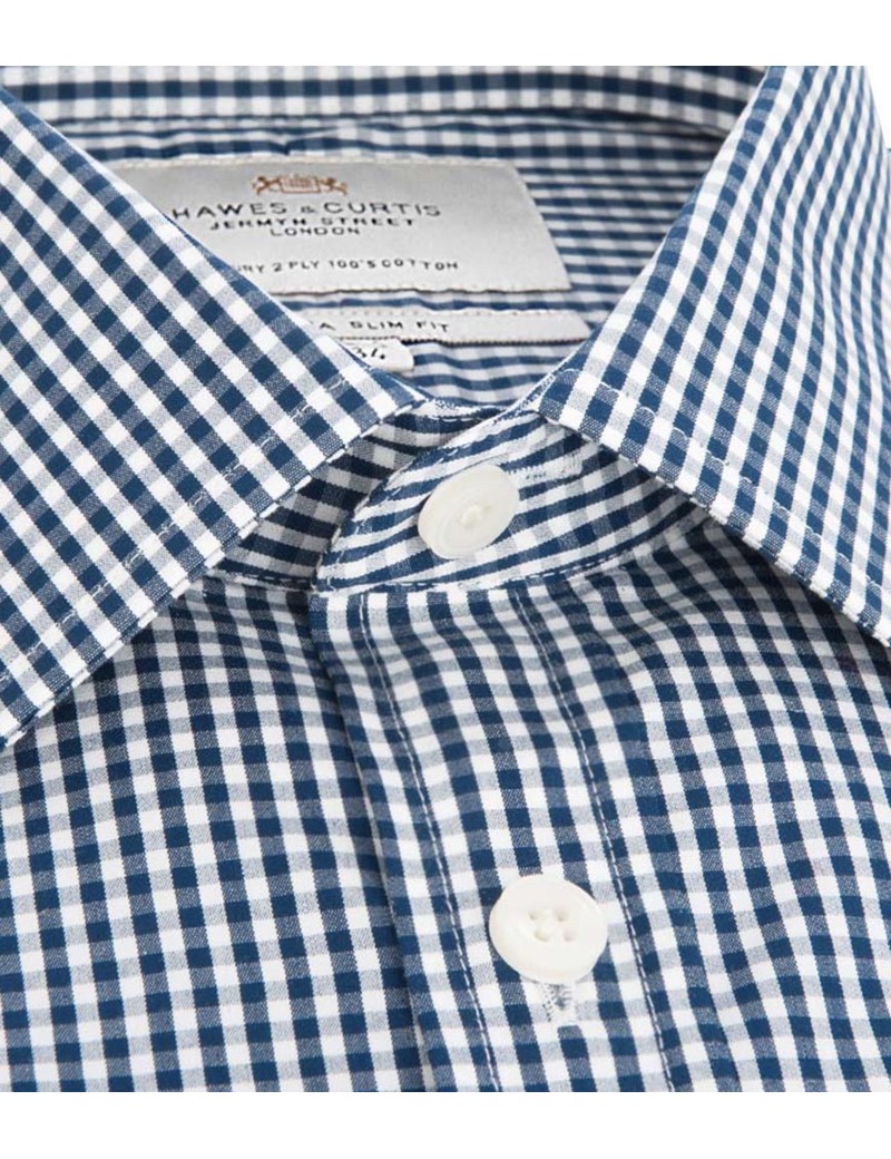 Men's Formal White & Navy Gingham Extra Slim Fit Shirt - Double Cuff ...