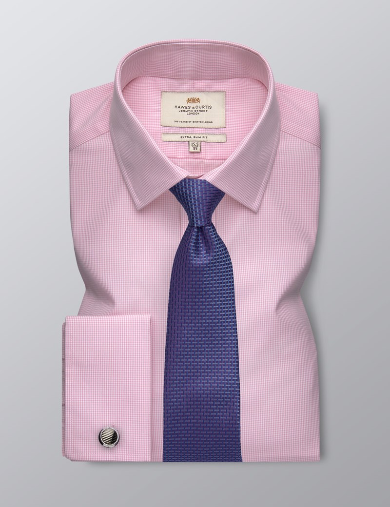 Men's Formal Pink Small Gingham Check Extra Slim Fit Shirt - Double ...