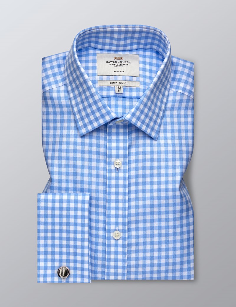 Men's Formal Blue & White Large Gingham Check Extra Slim Fit Shirt
