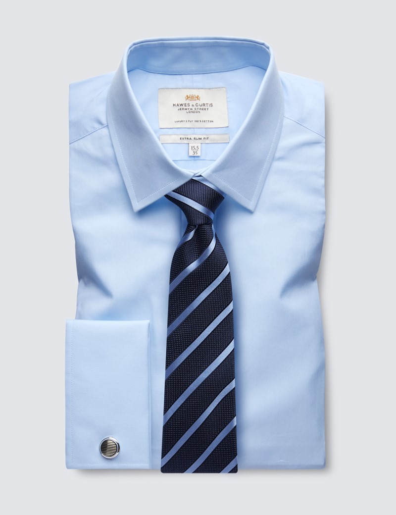 Men's Formal Blue Poplin Extra Slim Fit Shirt - Double Cuff - Easy Iron