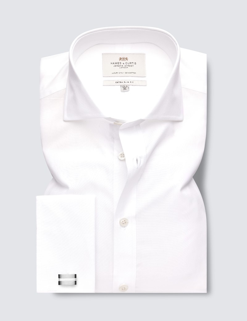 Men's White Poplin Extra Slim Fit Dress Shirt - Double Cuff - Easy Iron