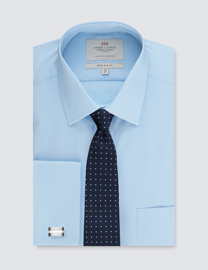 Men's Blue Extra Slim Fit Business Shirt With Pocket - Double Cuff - Easy Iron
