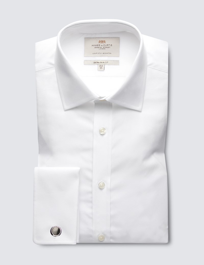 Easy Iron White Poplin Extra Slim Fit Shirt With Semi Cutaway Collar - Double Cuffs