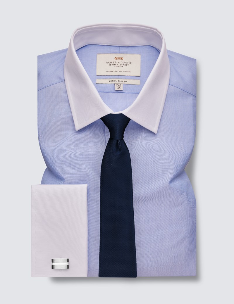 Men's Formal Blue End On End Plain Extra Slim Fit Shirt - Double Cuff - Easy Iron