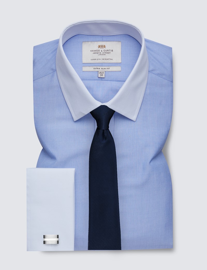 Men's Formal Blue End on End Extra Slim Fit Shirt - White Collar and Cuff - Easy Iron