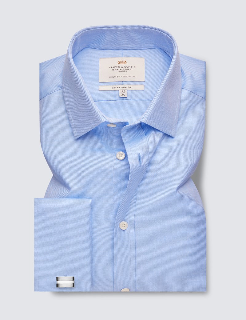 Easy Iron Blue Twill Extra Slim Fit Shirt With Semi Cutaway Collar - Double Cuffs