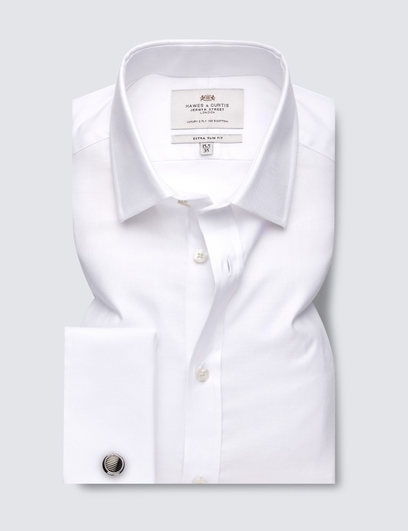 Easy Iron White Twill Extra Slim Fit Shirt With Semi Cutaway Collar - Double Cuffs