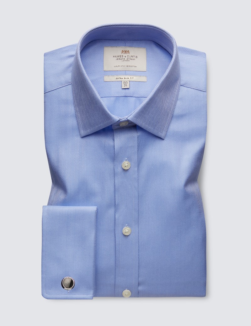 Men's Formal Blue Herringbone Extra Slim Fit Shirt - Double Cuff - Easy Iron