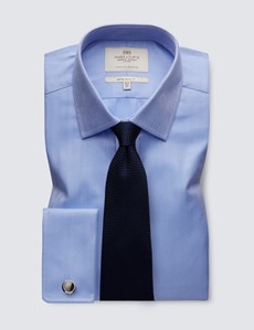 Men's Blue Herringbone Extra Slim Fit Dress Shirt - French Cuff - Easy Iron