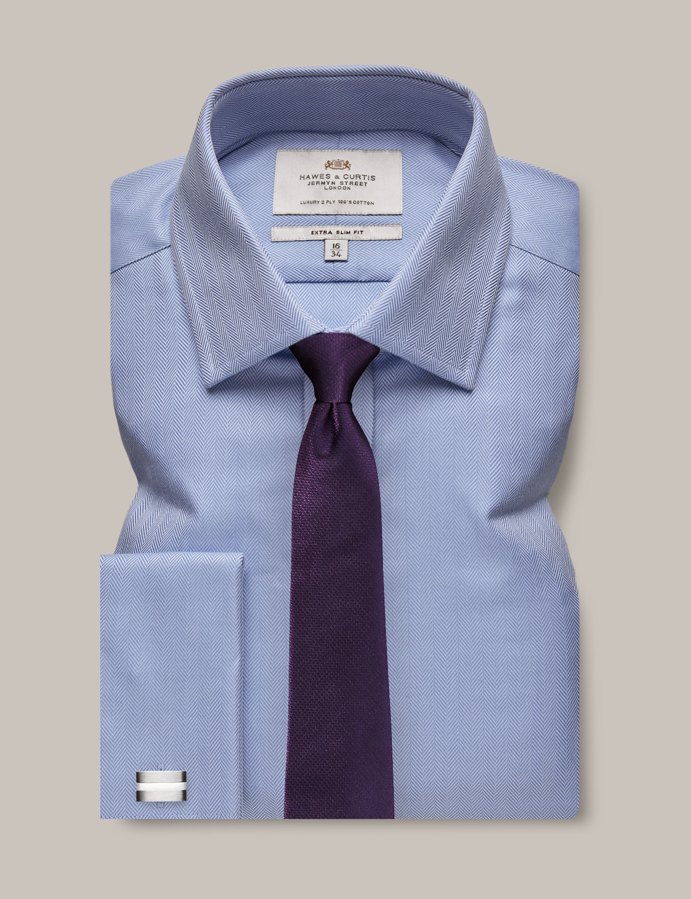 Men's Blue Herringbone Extra Slim Fit Shirt - French Cuffs
