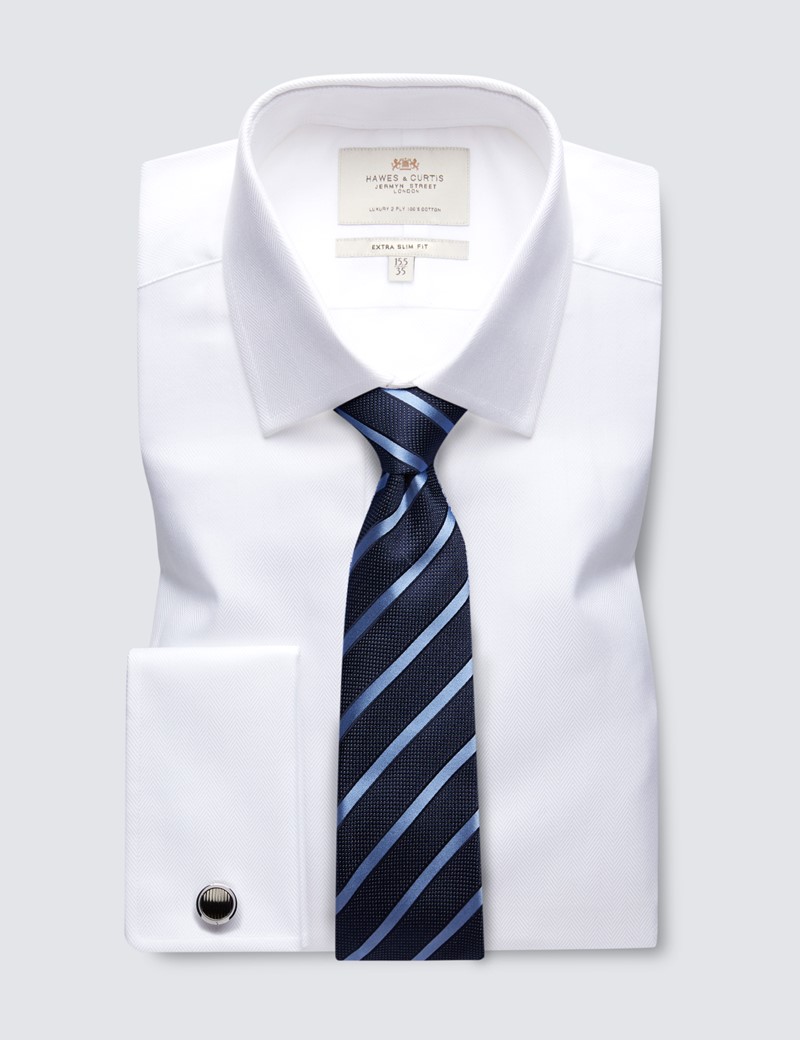 White Herringbone Extra Slim Fit Shirt - Double Cuffs