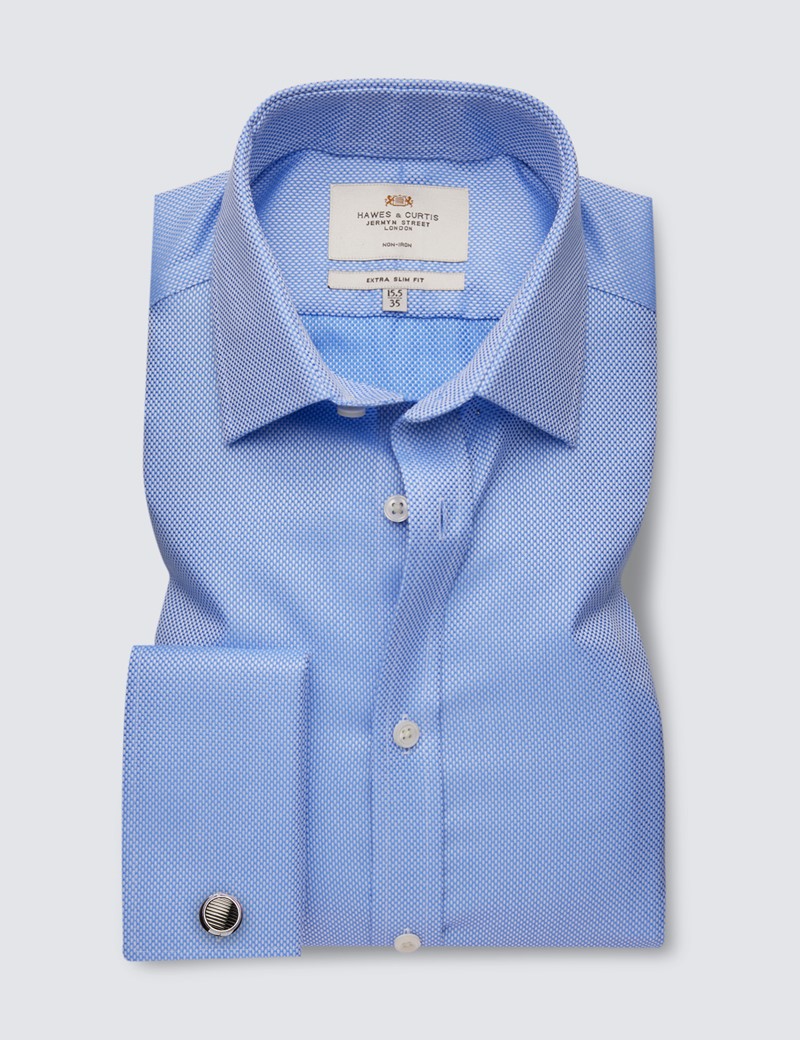 Non Iron Blue Fabric Interest Extra Slim Fit Shirt With Semi Cutaway Collar - Double Cuffs