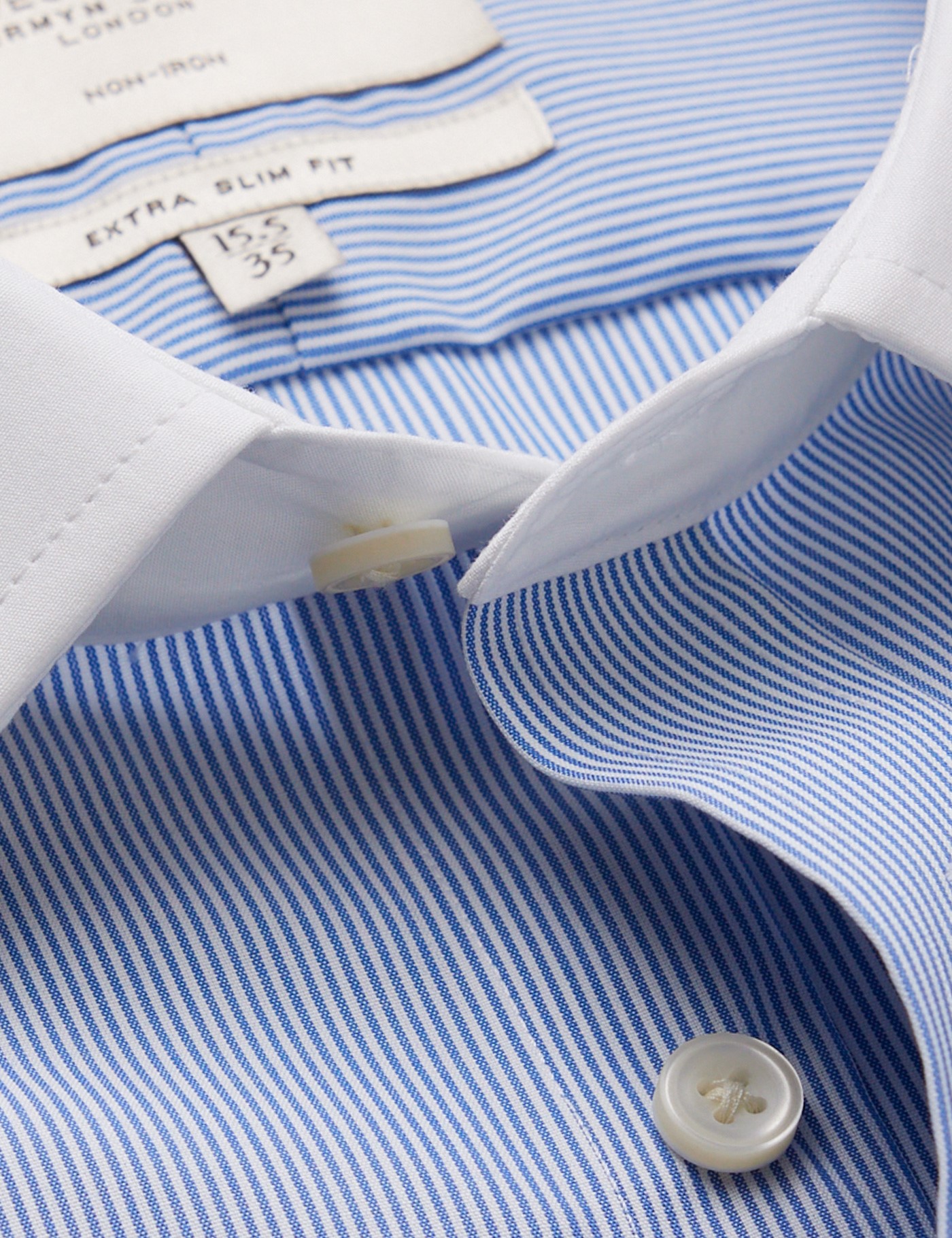 NonIron Blue & White Stripe Extra Slim Shirt With White Collar and