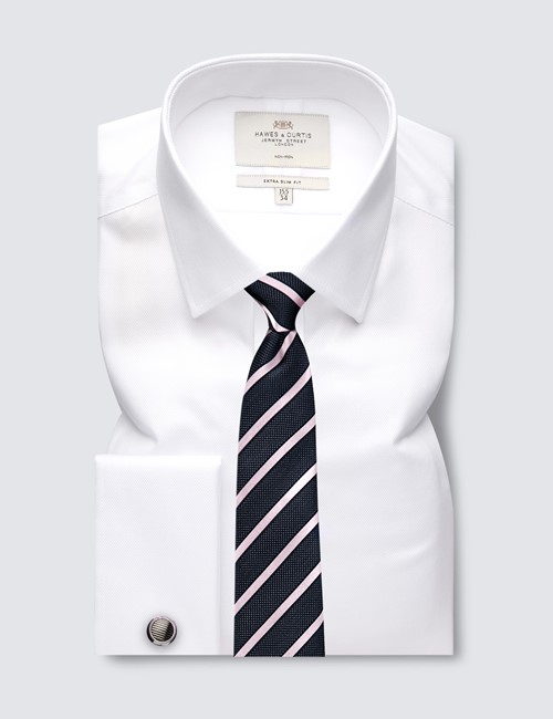  Non Iron White Pique Extra Slim Fit Shirt With Semi Cutaway Collar  - Double Cuffs