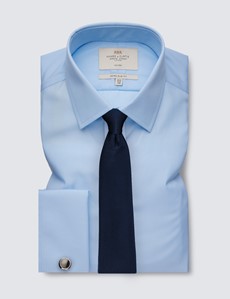 Non Iron Blue Poplin Extra Slim Fit Shirt Semi Cutaway  - Double Cuffs