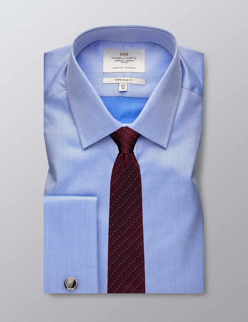Men's Blue Pique Extra Slim Fit Shirt - Double Cuff - Easy Iron