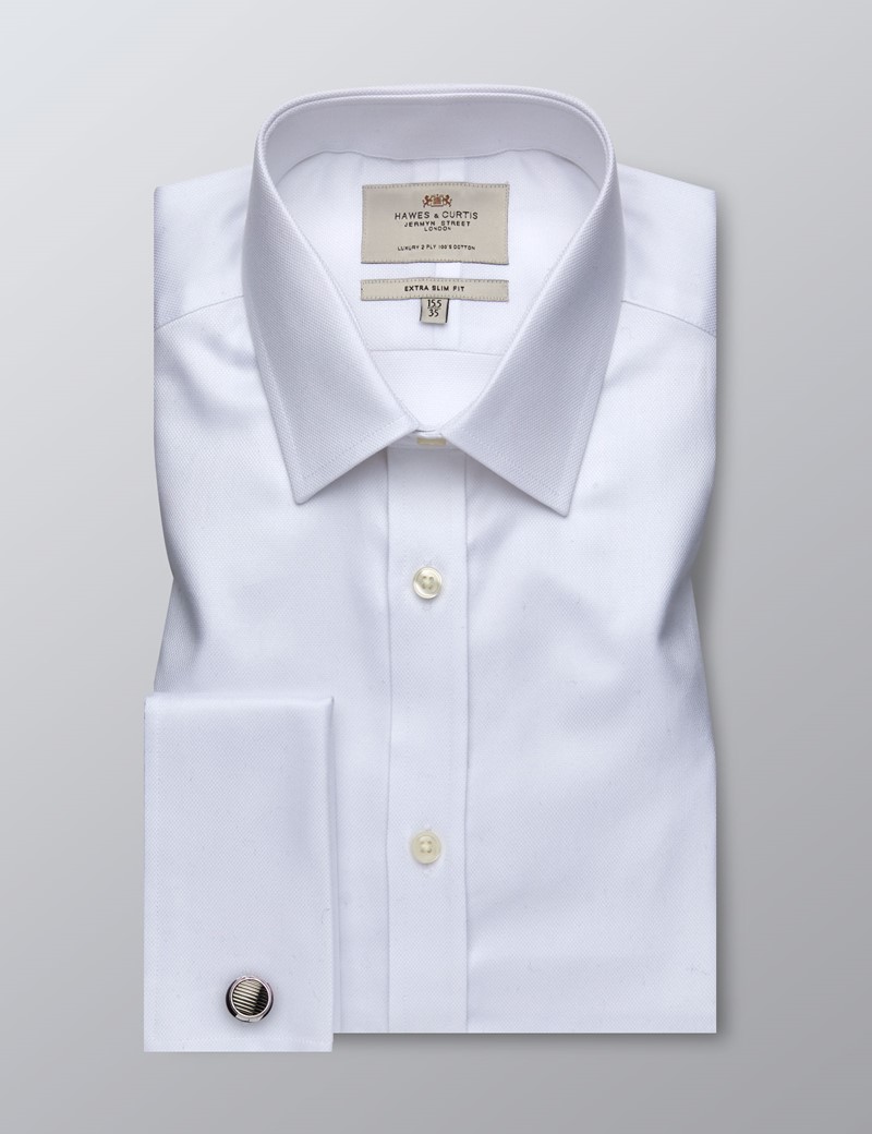 Men's Formal White Pique Extra Slim Fit Shirt - Double Cuff - Easy Iron ...