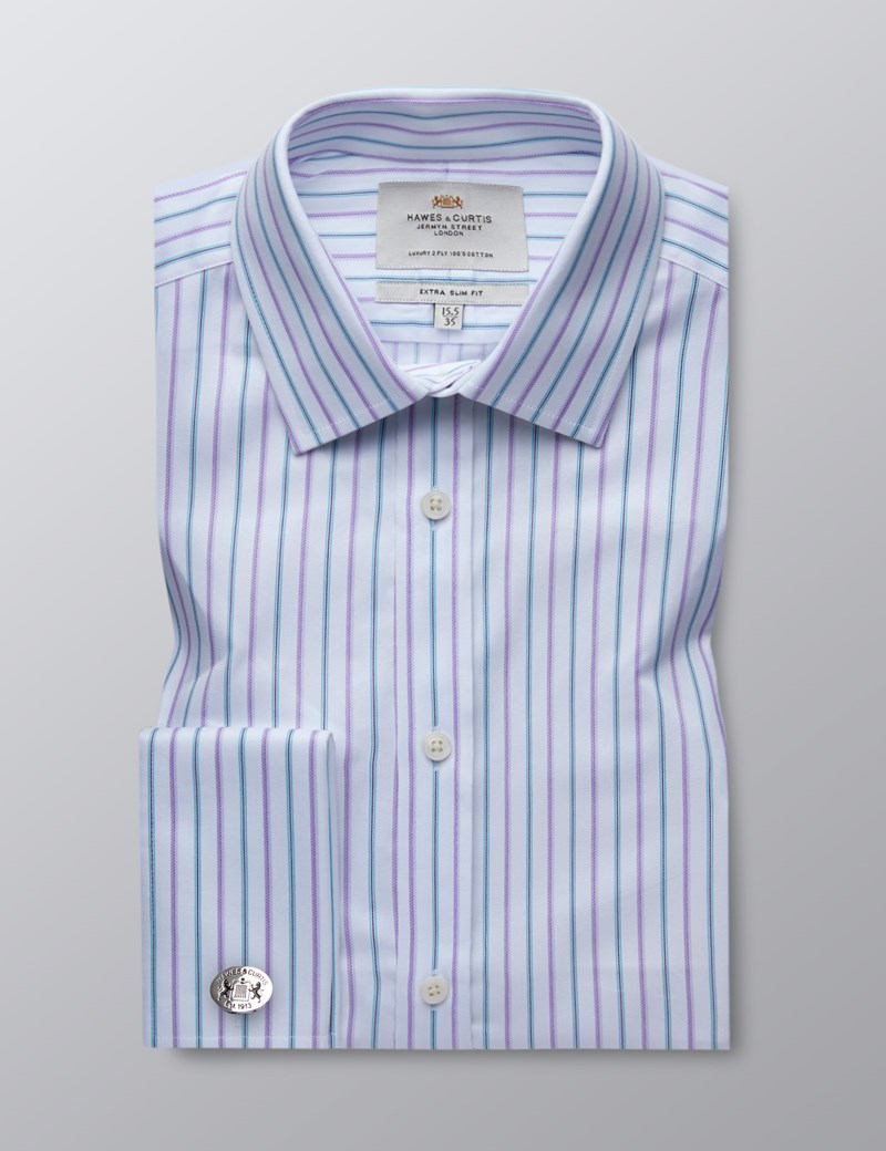 Men's White & Purple Multi Stripe Extra Slim Fit Dress Shirt - French ...