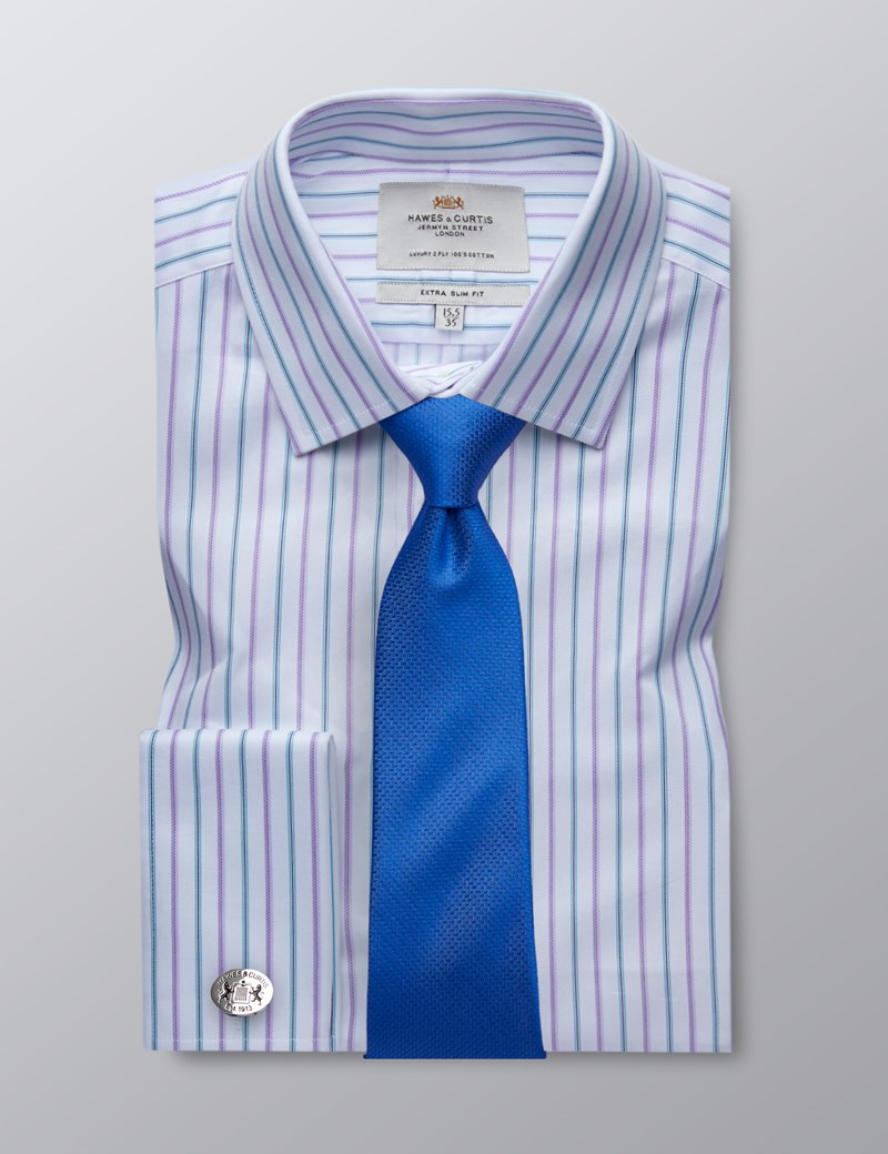 Men's White & Purple Multi Stripe Extra Slim Fit Business Shirt - Double Cuff - Easy Iron