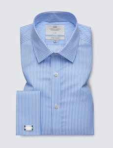 Men's Formal Blue & White Bengal Stripe Extra Slim Fit Shirt - Double Cuff - Non Iron