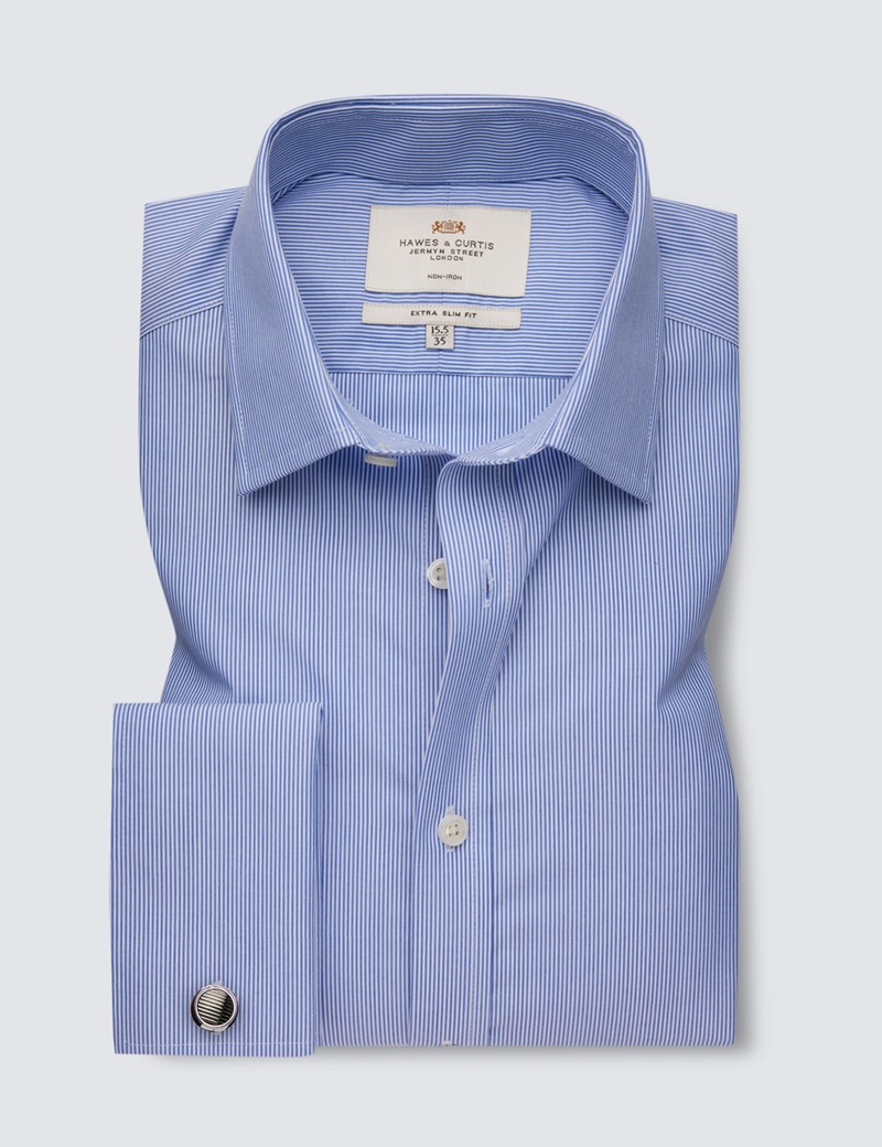 Men's Formal Blue & White Stripe Extra Slim Fit Shirt - Double Cuff - Non Iron
