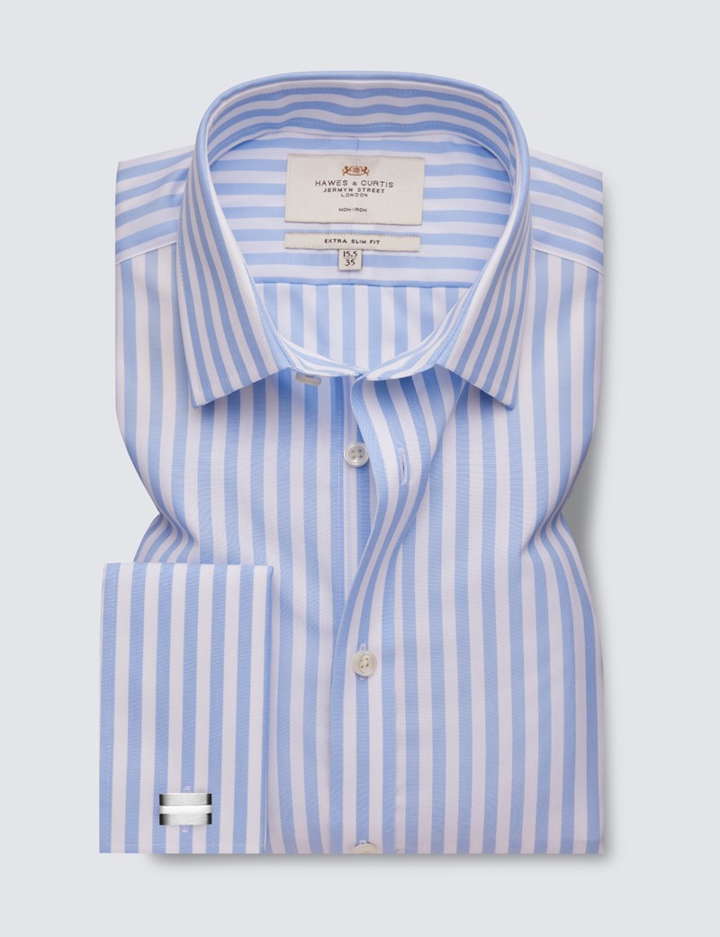 Men's Formal Blue & White Extra Slim Fit Shirt - Double Cuff - Non Iron