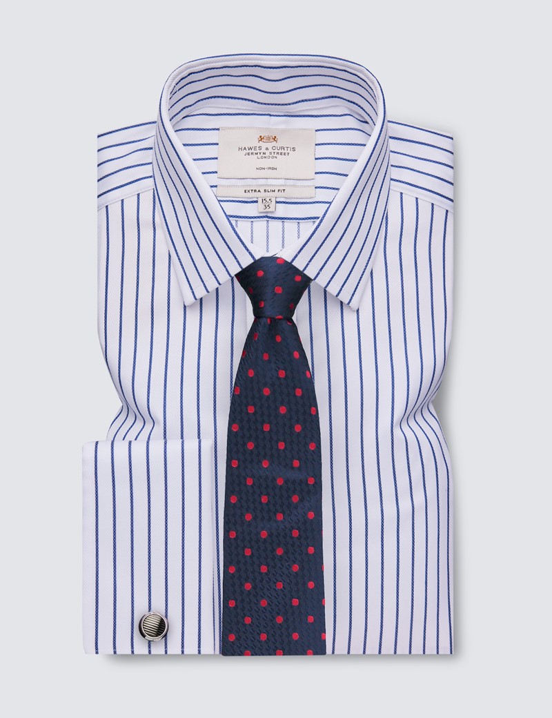 Non Iron Navy & White Stripe Extra Slim Fit Shirt With Semi Cutaway Collar - Double Cuffs