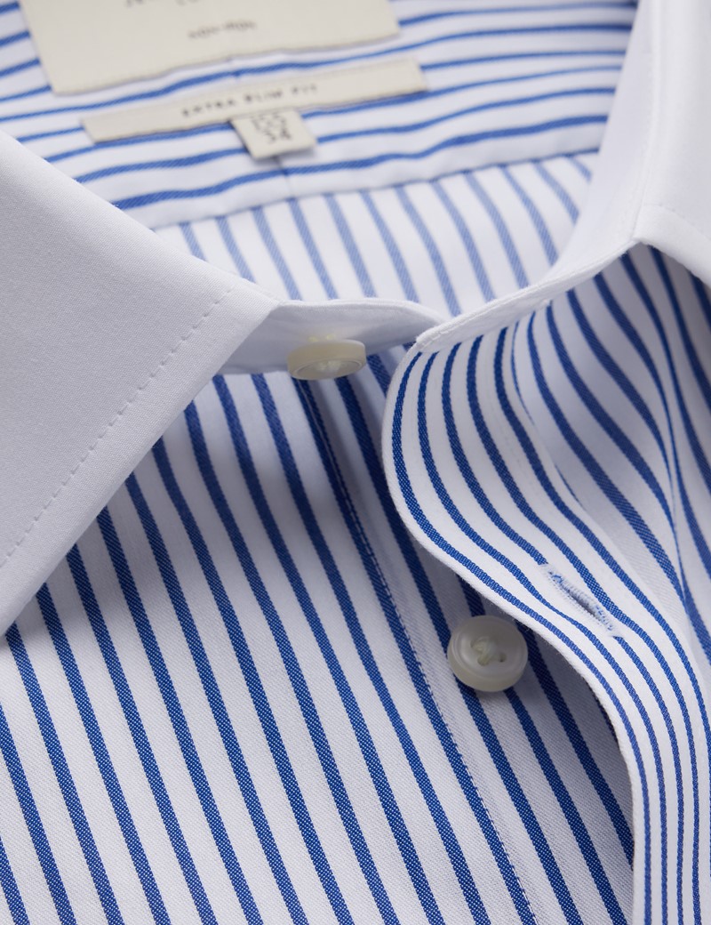 Non Iron Navy & White Stripe Extra Slim Fit Shirt With White Collar and Cuffs