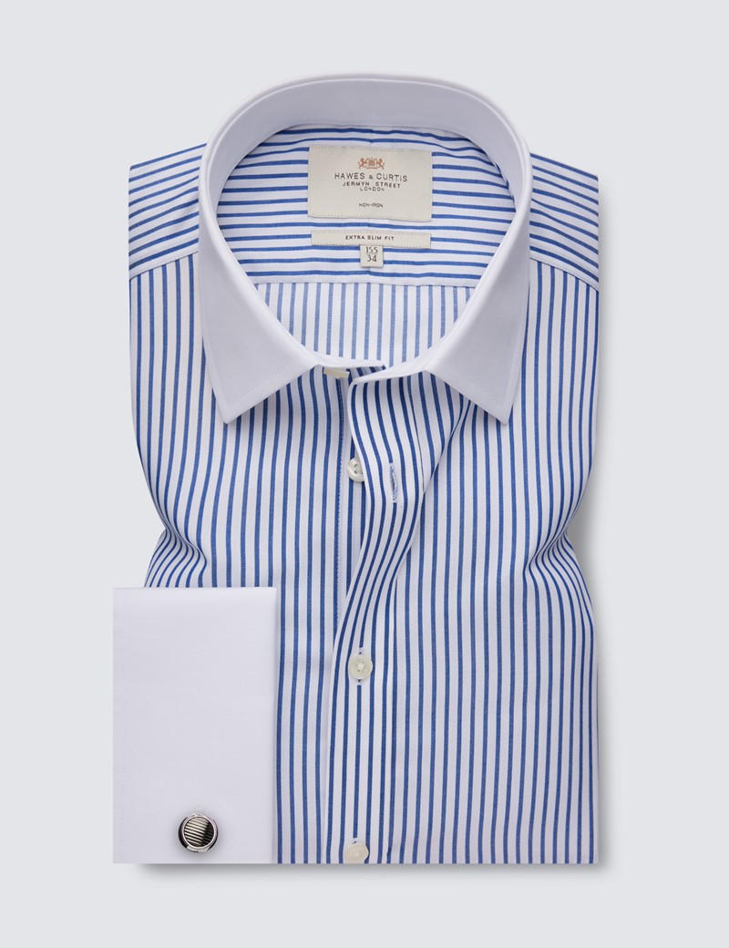 Non Iron Navy & White Stripe Extra Slim Fit Shirt With White Collar and Cuffs