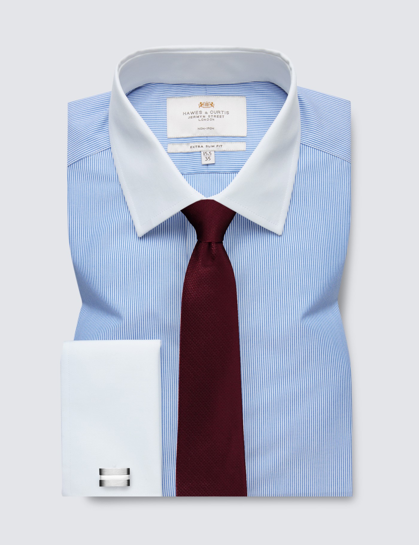 Non-Iron Blue & White Fine Stripe Extra Slim Shirt With White Collar and  Cuffs