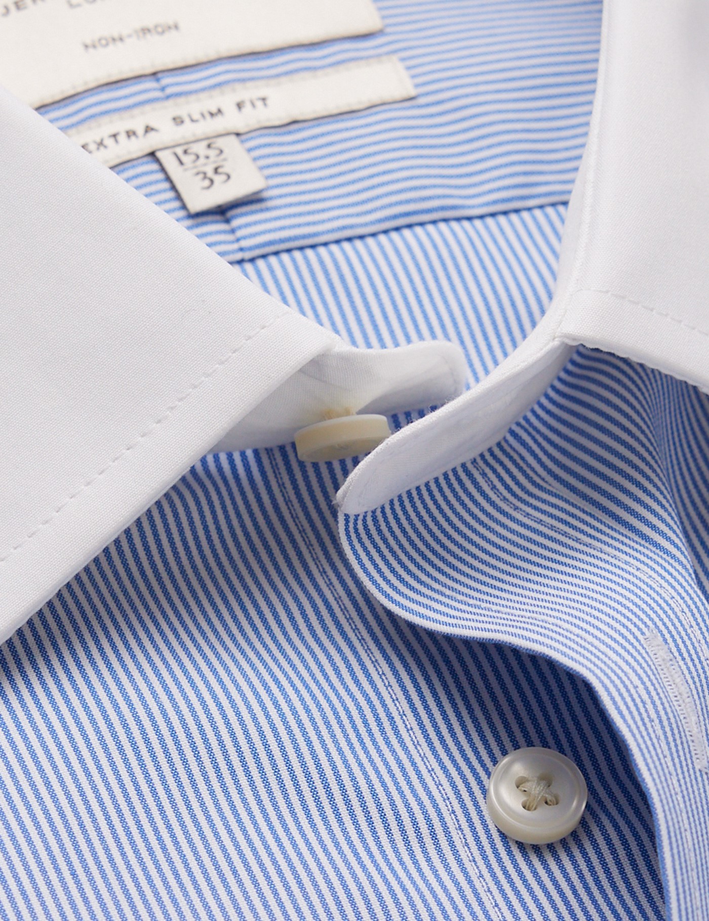 Non-Iron Blue & White Fine Stripe Extra Slim Shirt With White Collar ...