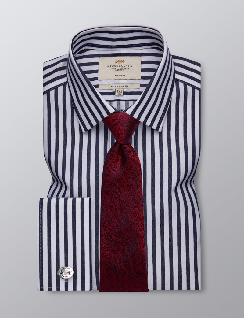 Men's Formal Navy & White Bold Stripe Extra Slim Fit Shirt - Double ...