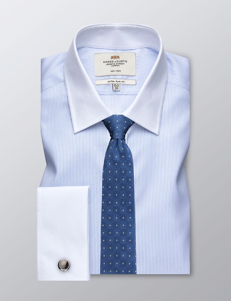 Men's Formal Blue & White Fine Stripe Extra Slim Fit Shirt - Double ...