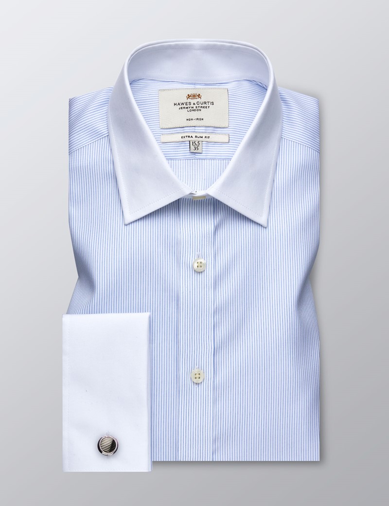 Men's Formal Blue & White Fine Stripe Extra Slim Fit Shirt - Double ...
