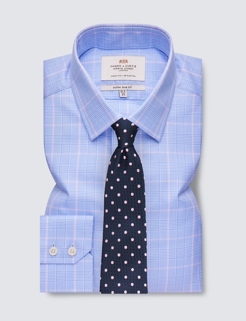 Easy Iron Blue & Pink Prince Of Wales Check Extra Slim Fit Shirt With Semi Cutaway Collar - Single Cuffs
