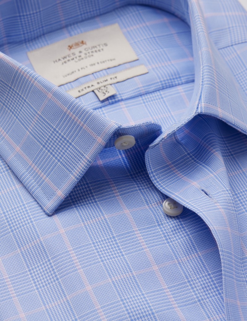 Easy Iron Blue & Pink Prince Of Wales Check Extra Slim Fit Shirt With Semi Cutaway Collar - Single Cuffs