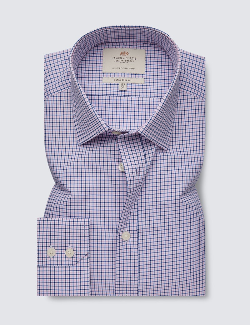 Easy Iron Pink & Navy Multi Check Extra Slim Fit Shirt With Contrast Detail - Single Cuffs