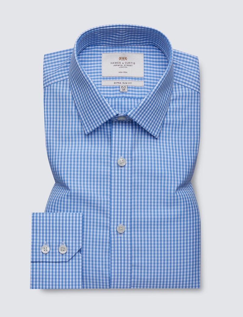 blue and white checkered shirt