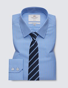 Men's Formal Blue & White Gingham Check Extra Slim Fit Shirt - Single Cuff - Non Iron