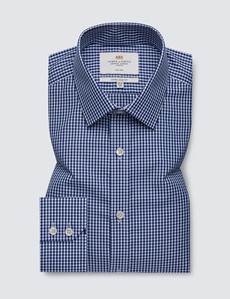 Men's Dress Navy & White Gingham Plaid Extra Slim Fit Shirt - Single Cuff - Non Iron
